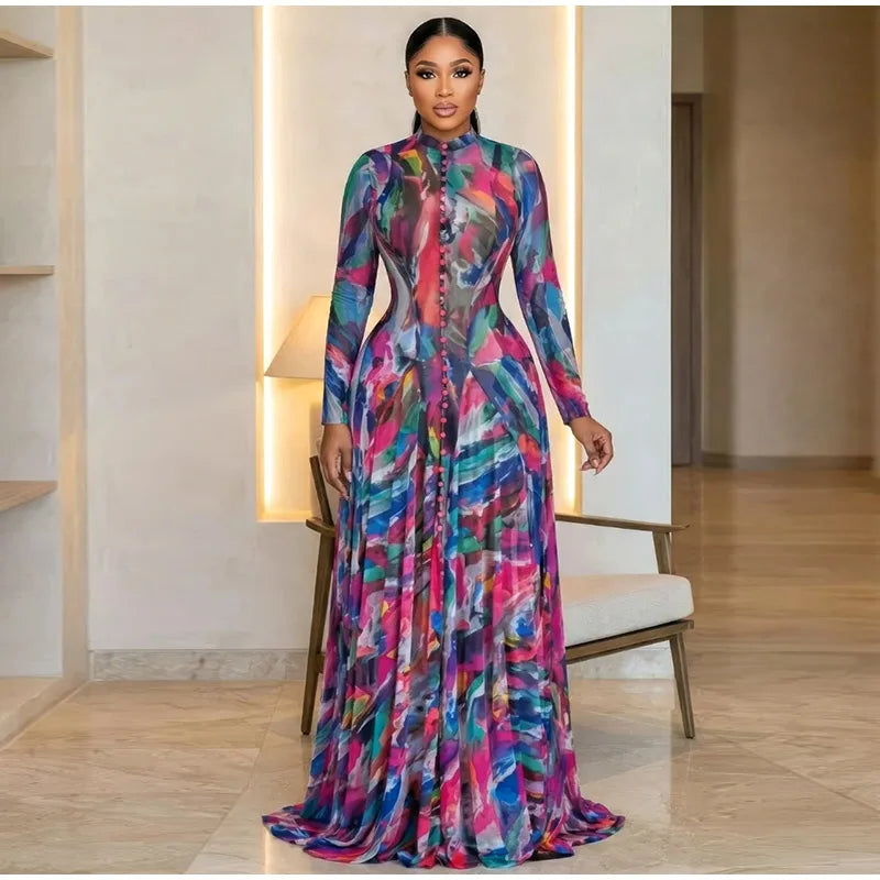 Chic O-Neck Printed Long Sleeve Casual Summer Dress for Women