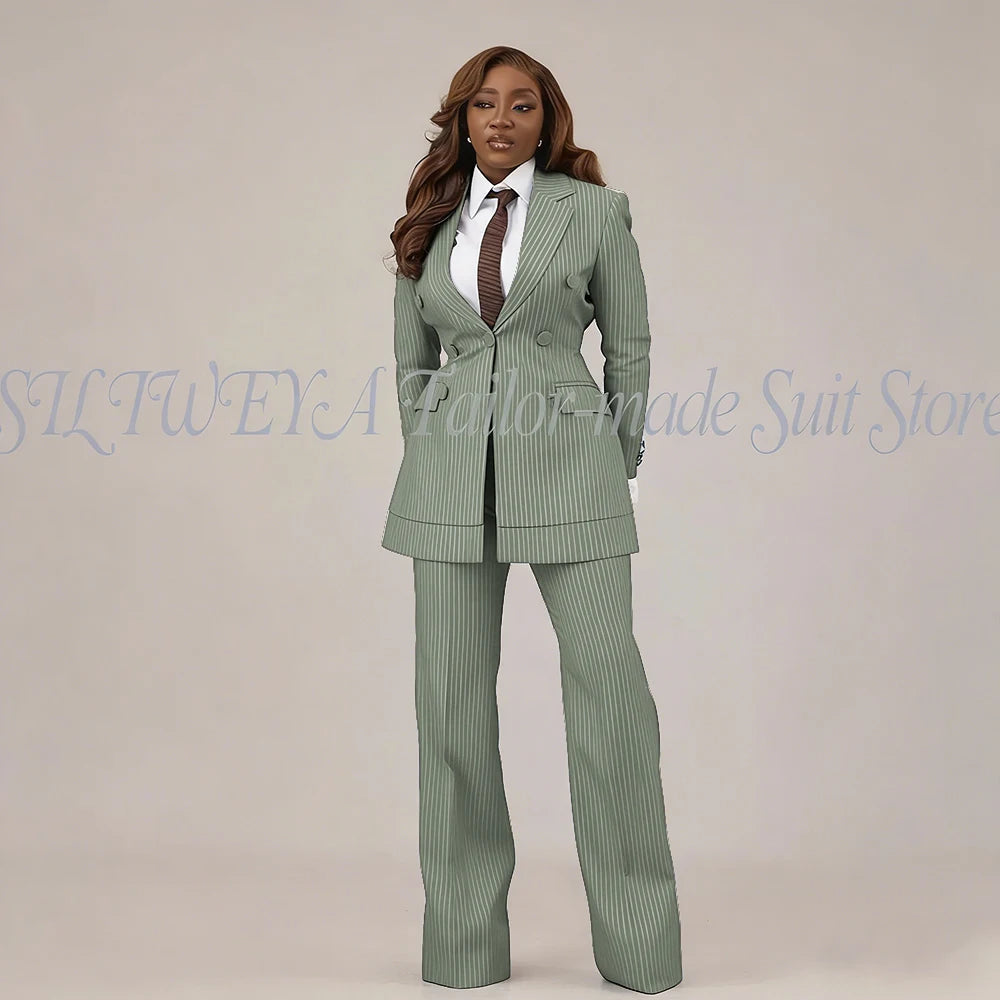 Slim Fit Brown Striped Blazer Set With Pants For Women