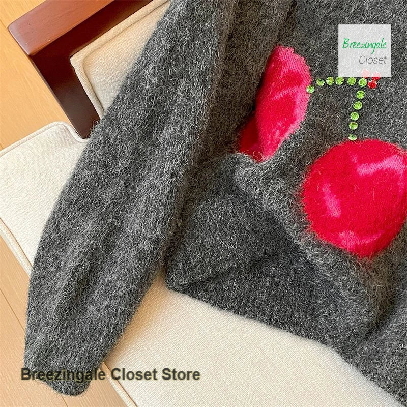 Cherry Jacquard Round Neck Long Sleeve Sweater For Women