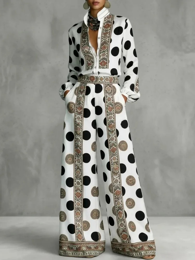 Floral Polka Dot Blouse And Wide Leg Pants Set for Women
