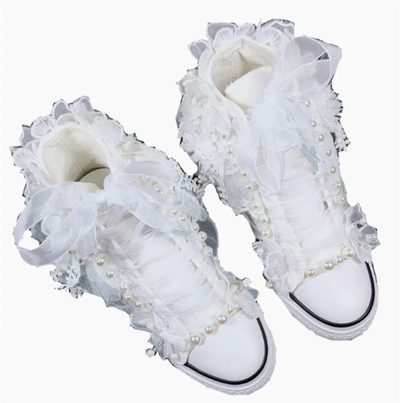 Pearl Floral Lace-Up Canvas High Top Shoes for Women