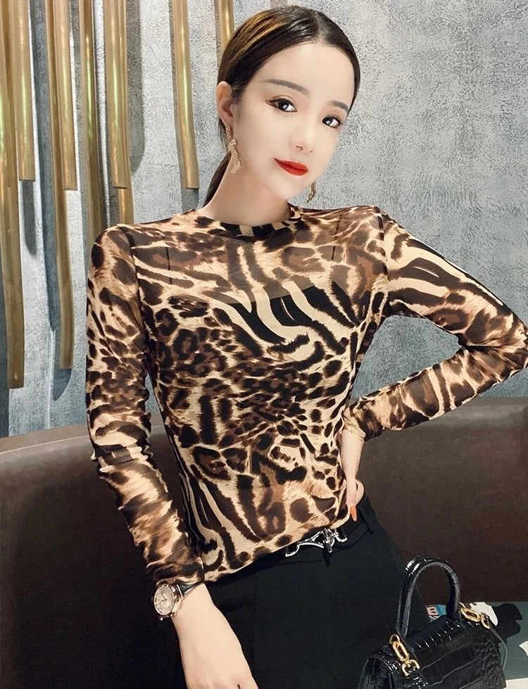 Top Female Mesh Leopard Print Women's Long Sleeve T-shirt Mature Spring Autumn Sexy Korean Reviews Many Clothes Japanese Vintage