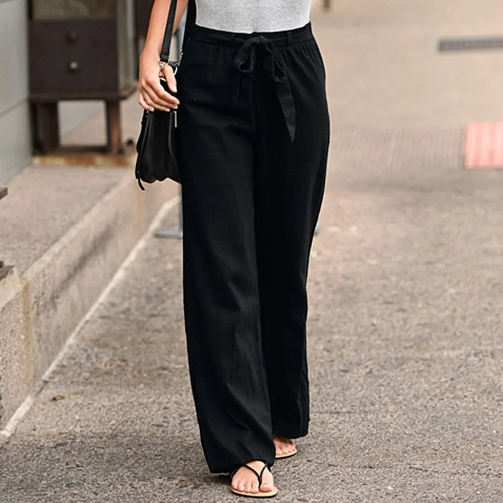Linen Cotton Elastic Waist Ankle Length Pants for Women