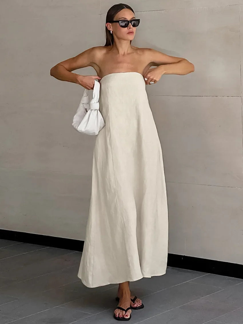 Solid Color Strapless Sleeveless Pocket Dress for Women