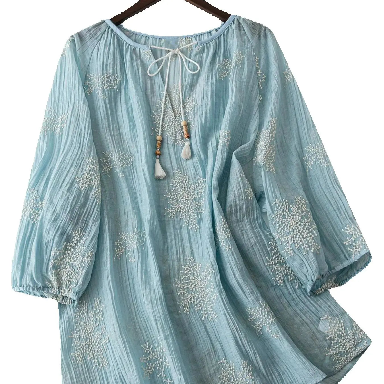 【Plus Size】 Embroidery Tie Neck Blouse, Boho Casual Bishop Sleeve Top for Daily Holiday Vacation Wear, Women Plus Clothing for A