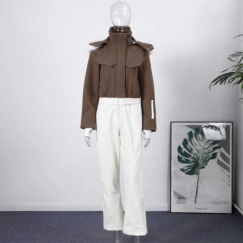 High Waist Full Zip Hooded Windproof Ski Jumpsuit For Women