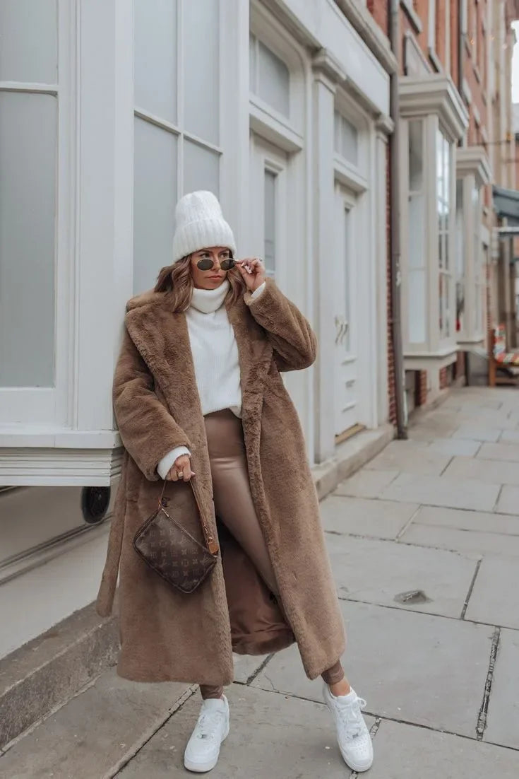 Long Belted Faux Fur Winter Coat