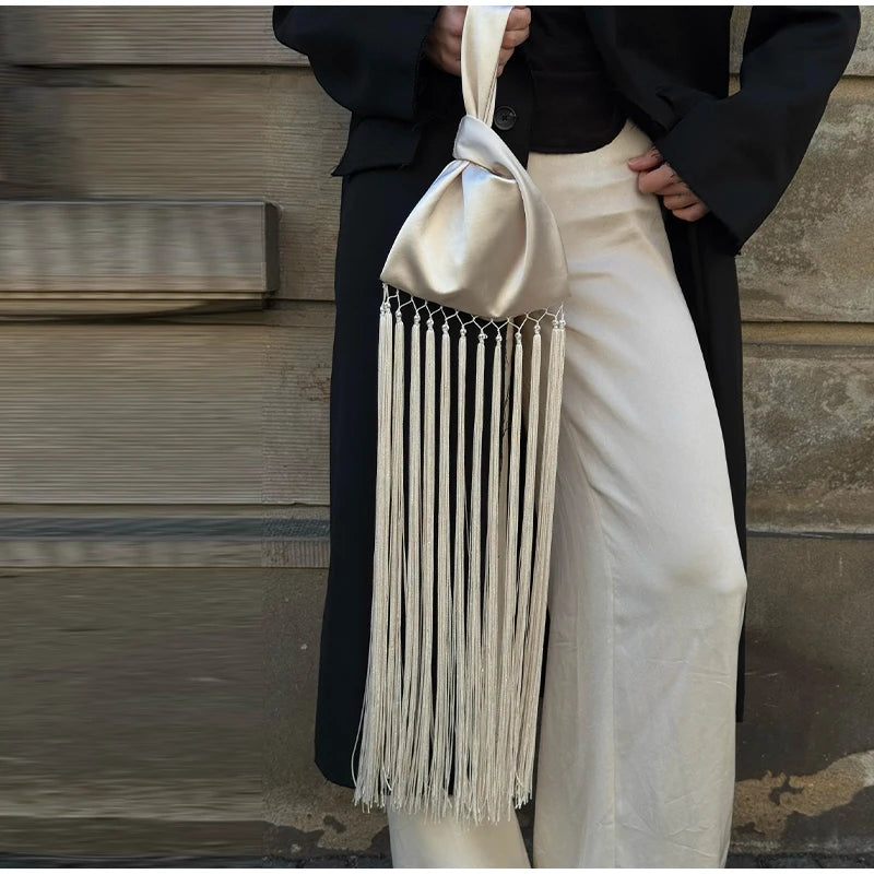 Chic Fringe Tassel Satin Waist Bag With Flowing Strap for Women