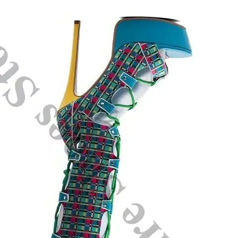 Colorful Plaid Peep Toe Knee High Lace Up Boots for Women
