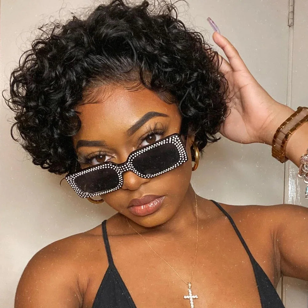 Water Curly Pixie Cut Human Hair Lace Front Wig for Women