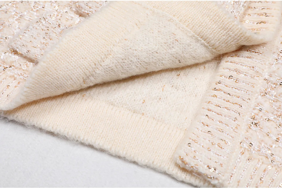2025 Spring and Autumn New High-end Fashion Long-sleeved Sequined Knitted Cardigan Elegant Commuter V-neck Cardigan Top Jacket