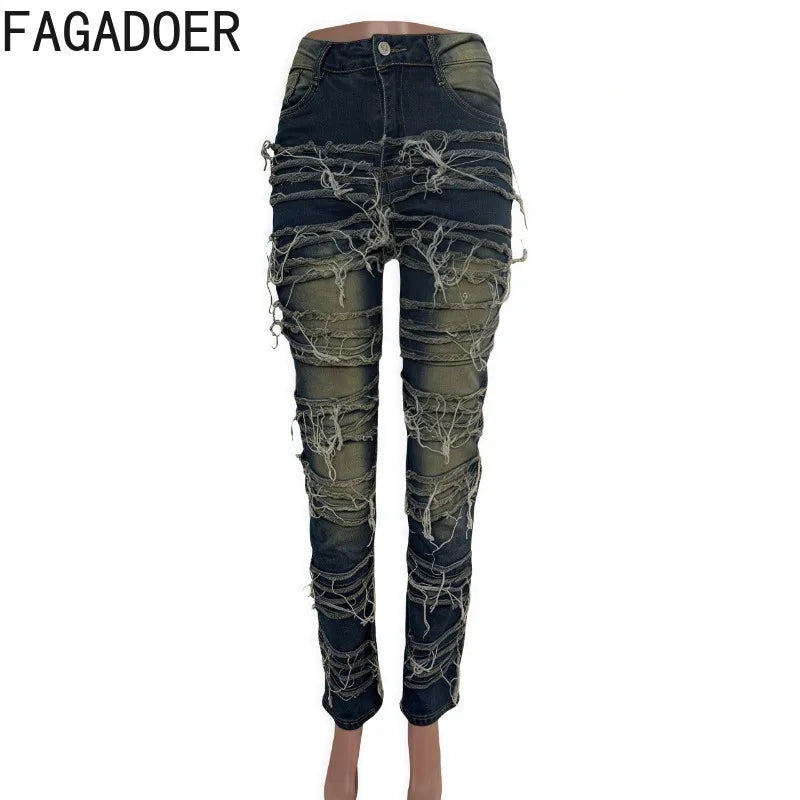 FAGADOER Y2k Fashion Tassel Patchwork Pants for Women Summer  New Tie-dye High Waist Jeans Female Y2k Streetwear Bottoms New