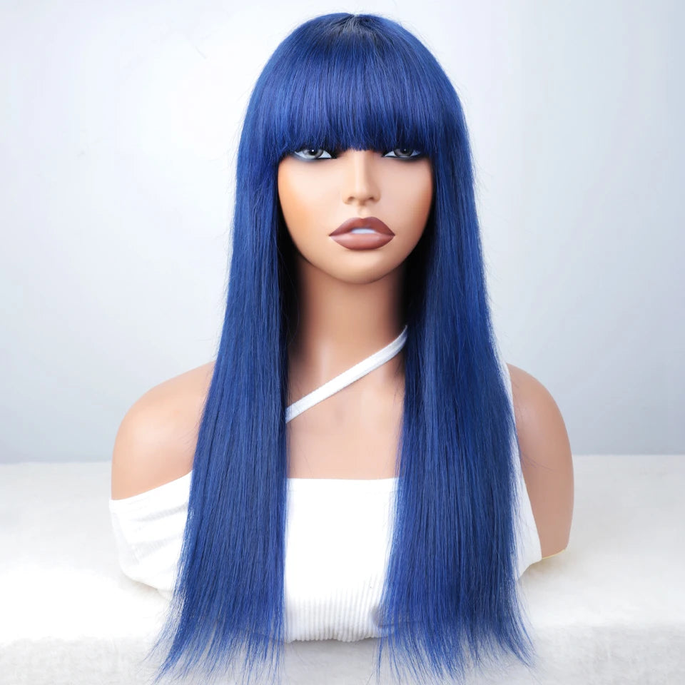 Blue Long Straight Human Hair Wig With Bangs for Women