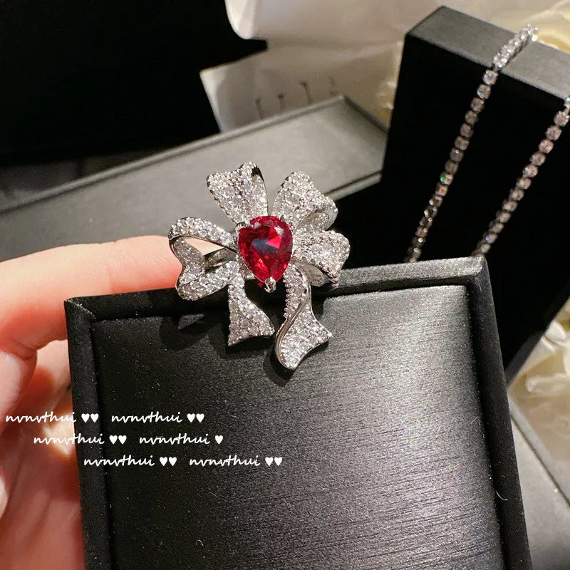 Elegant Red Zircon Bowknot Bridal Jewelry Set for Women