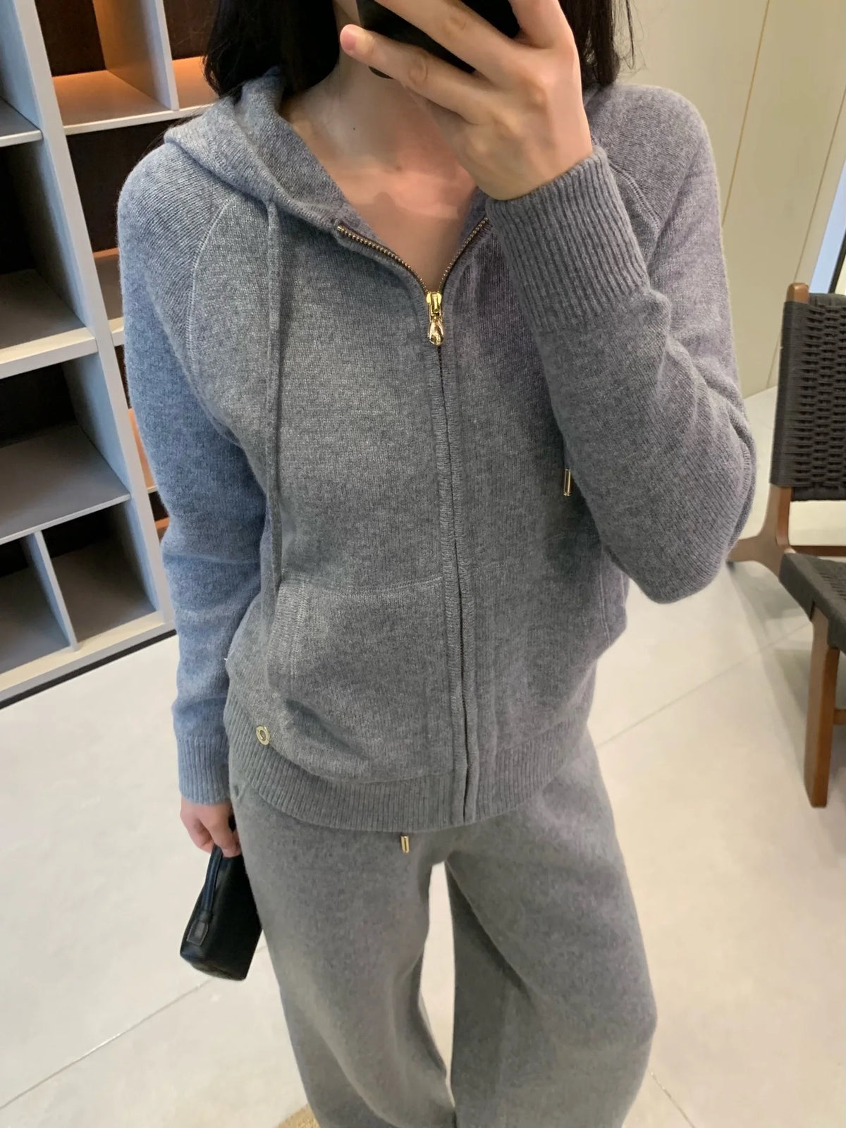 Hooded Knit Two Piece Set With Elastic Waist Pants For Women