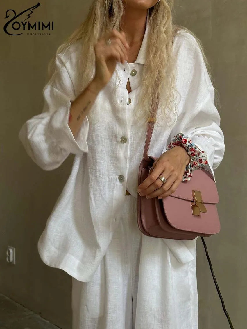 Oymimi Elegant White Cotton Sets For Women 2 Pieces Casual Lapel Long Sleeve Button Shirts And Ruffled Ankle-Length Pants Sets