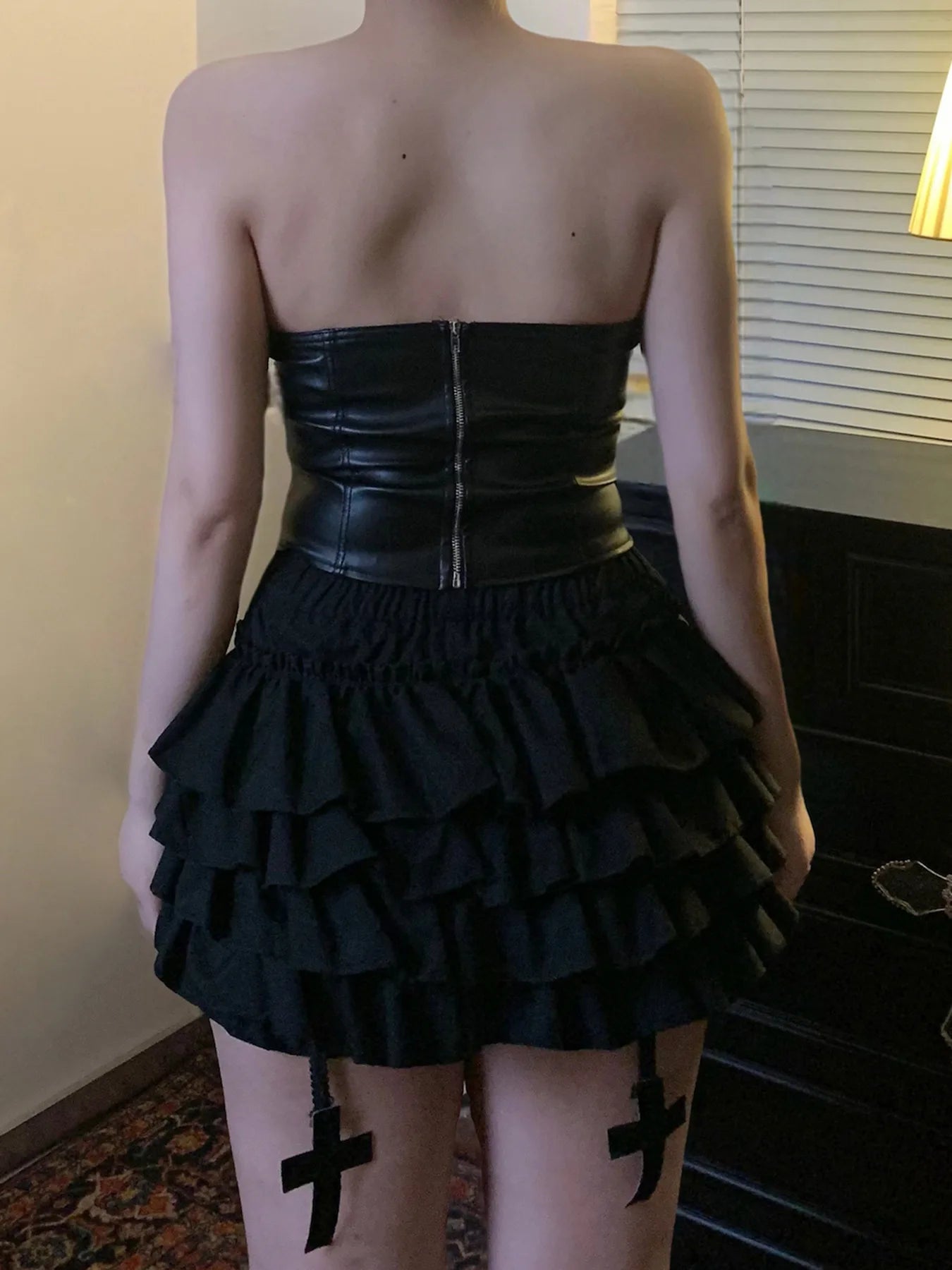 FAGADOER Punk Gothic Sexy Fur Leather Patchwork 2 Pieces Set for Woman Sleeveless Backless Tops and Bubble Puff Skirt Streetwear