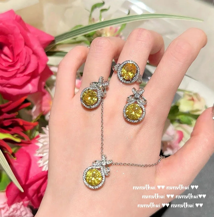 Round Cut Yellow Cubic Zirconia Bridal Jewelry Set for Women