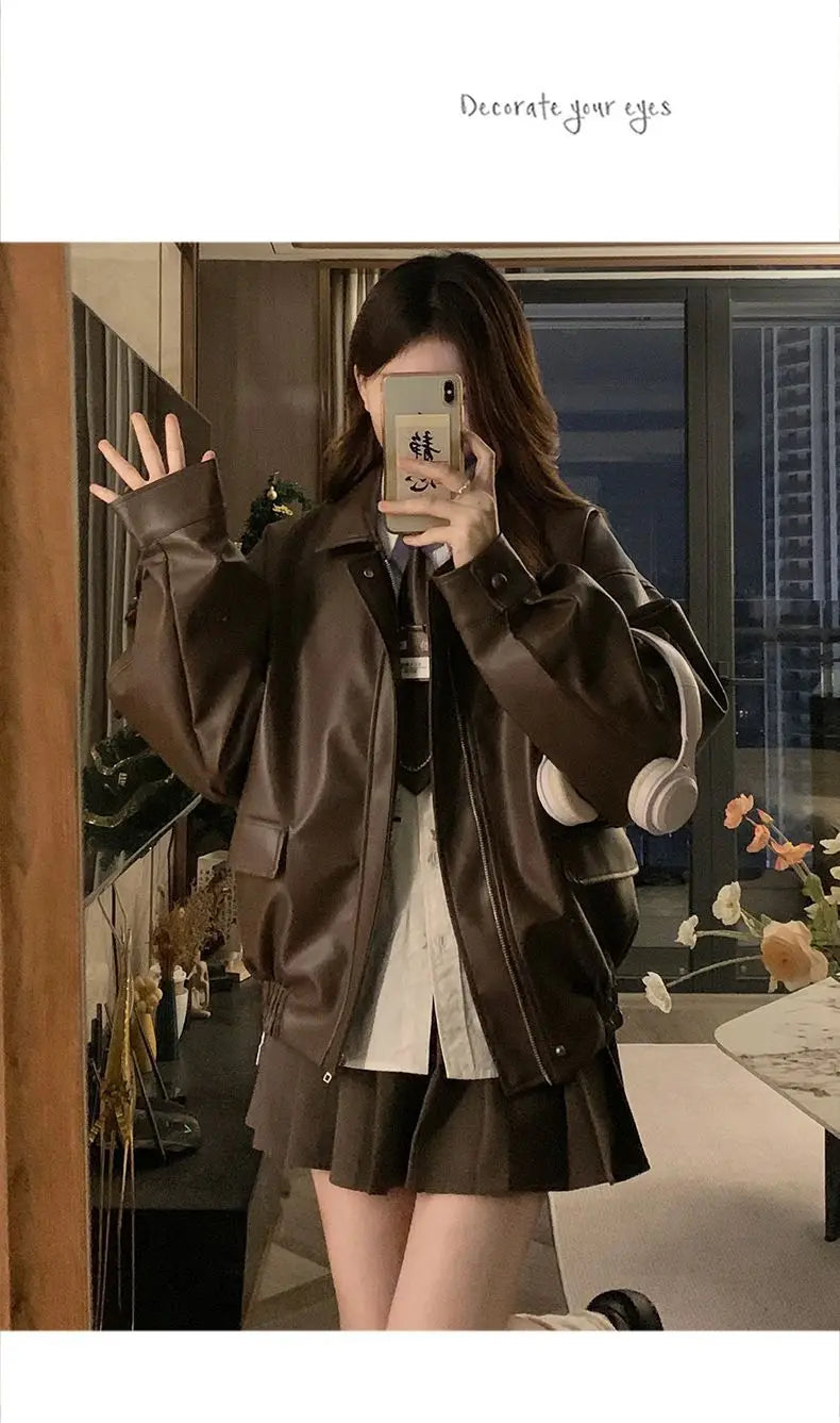 Short American Retro PU Leather Baseball Jacket for Women