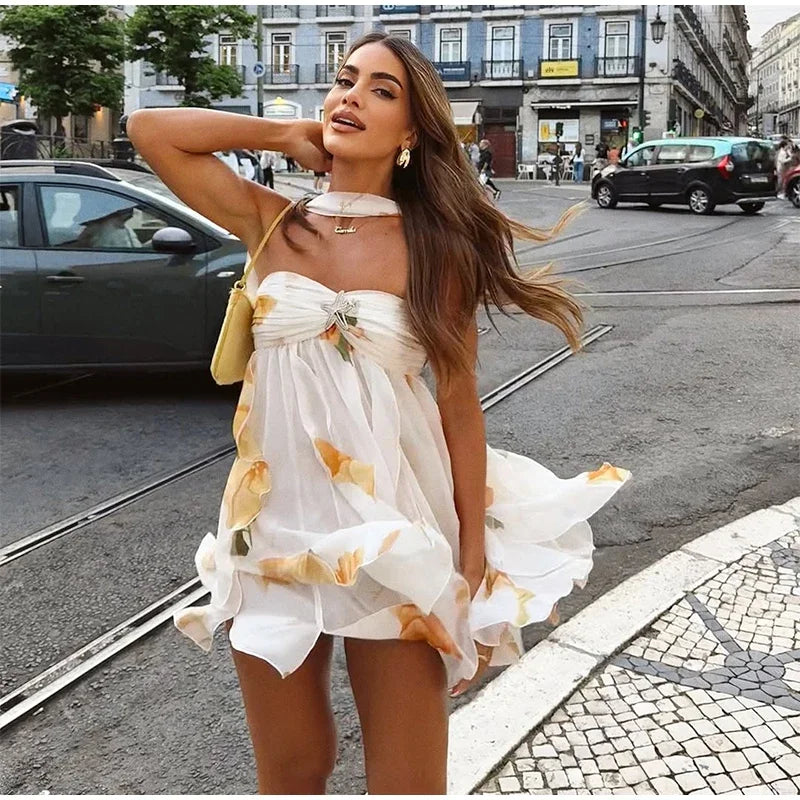Sexy Ruffle Printed Backless Mini Dresses Lady Chic Sleeveless Off Shouder Pleated Short Vestido 2025 Summer Party Beach Robe