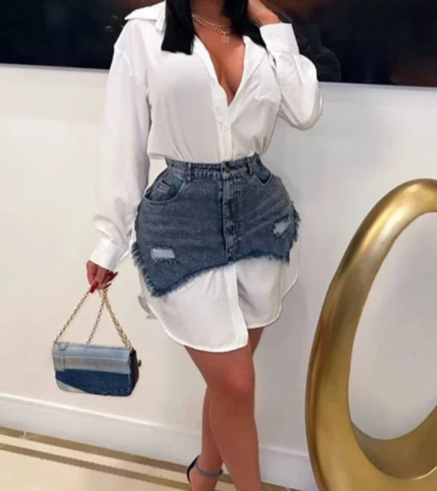 Denim Skirt Set Women Streetwear Fashion Long Sleeve Shirt Turn Down Collar Asymmetric Dress Casual Slim Dresses 2025 Spring