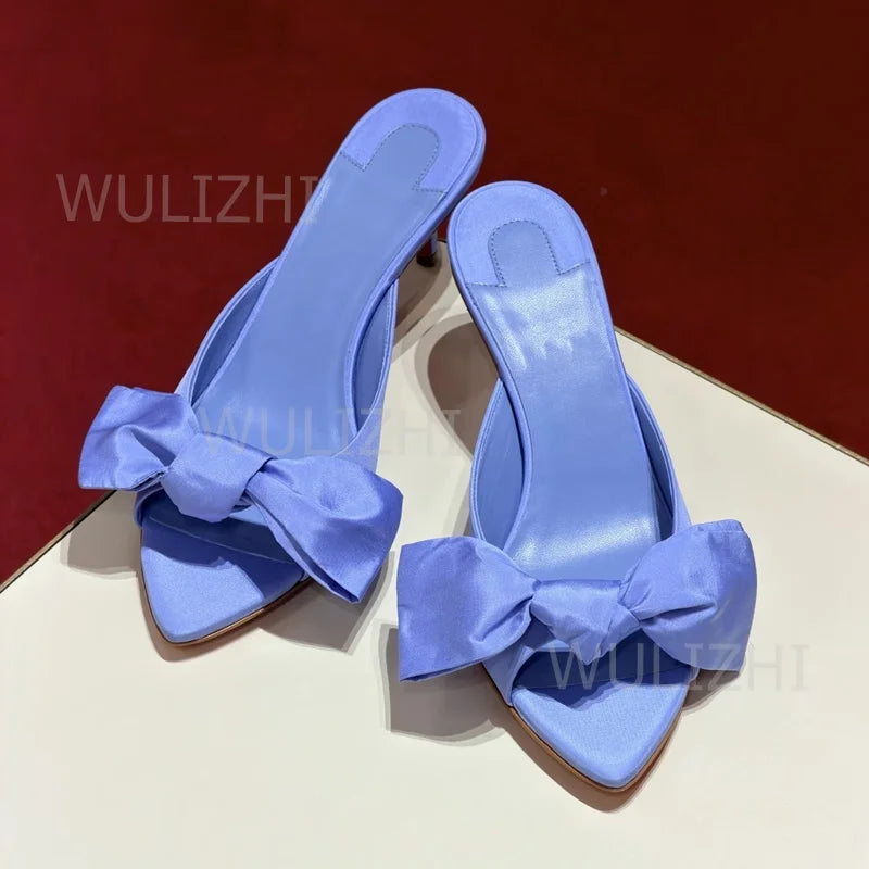 Blue Silk Bow Leather Knotted Open Toe Sandals for Women
