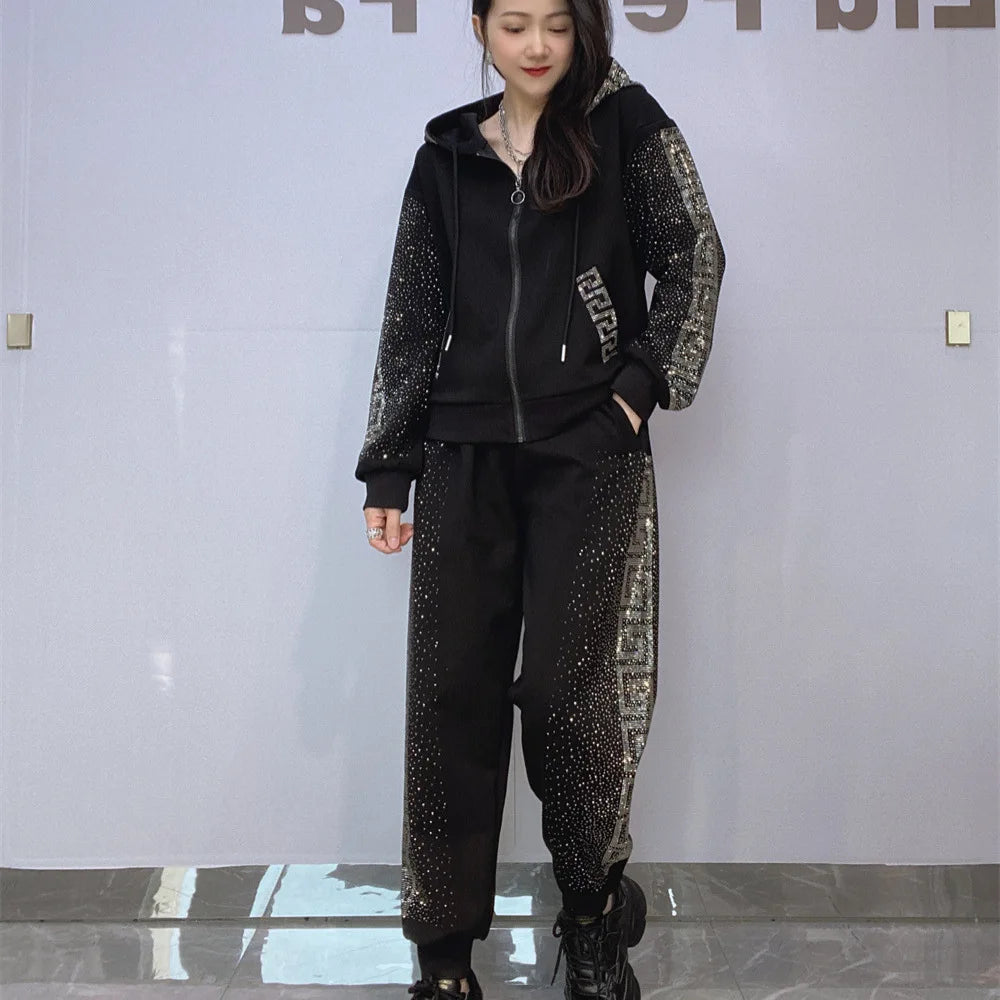 Fashion Diamonds Side Two Piece Sets Womens Outifits Casual Zipper Cardigan Autumn Tracksuit Hooded Tops and Long Pants Suits