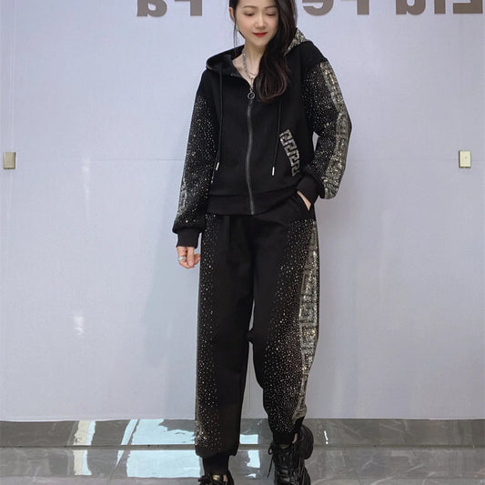 Fashion Diamonds Side Two Piece Sets Womens Outifits Casual Zipper Cardigan Autumn Tracksuit Hooded Tops and Long Pants Suits