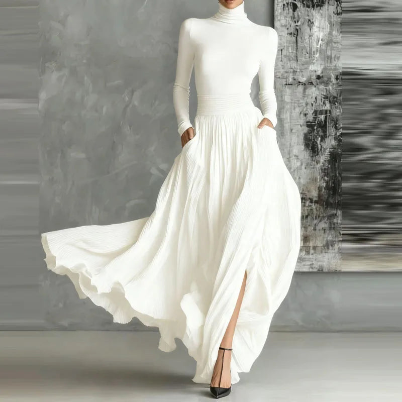 Elegant Turtleneck Pullover & Long Skirt Set Women Casual Long Sleeve Pocket Solid Skirt Outfits Fashion Draped Slim 2Pc Suits