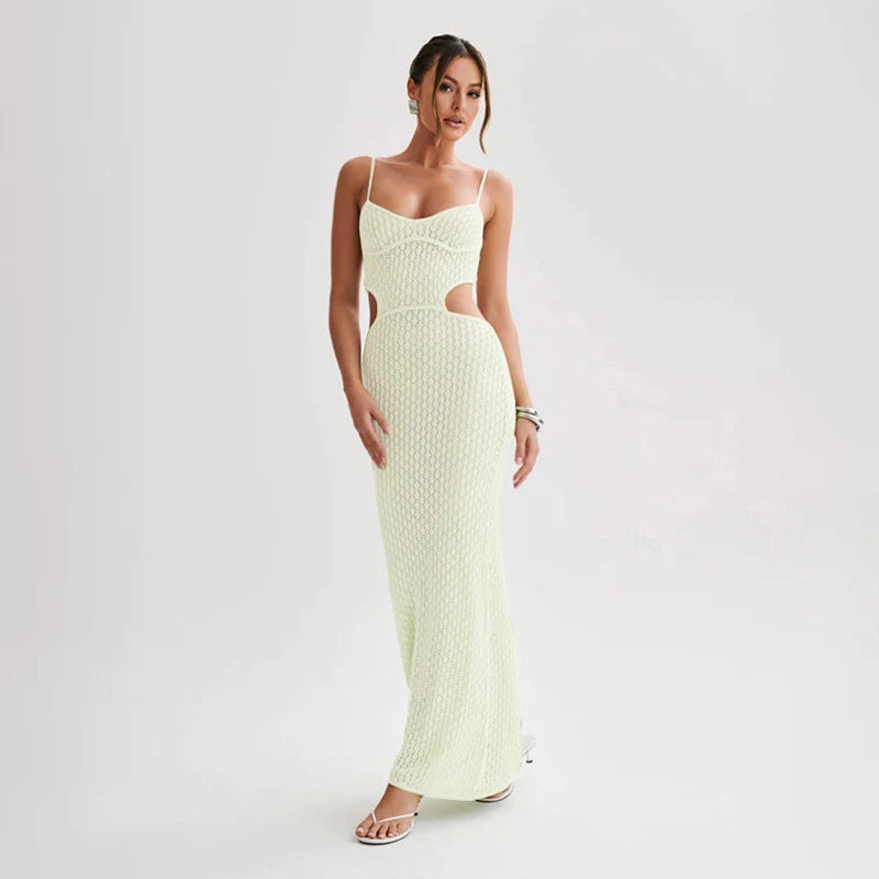 2024 Sexy See-through V Neck Cut Out Knit Beach Maxi Dress Summer Women's Holiday Elegant Outfit Swimsuit Cover Up Tunic A3094