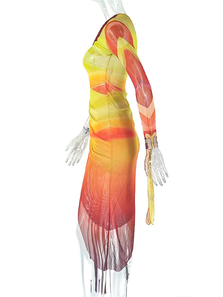 Elegant Gradient Mesh Shirred Midi Dress for Women