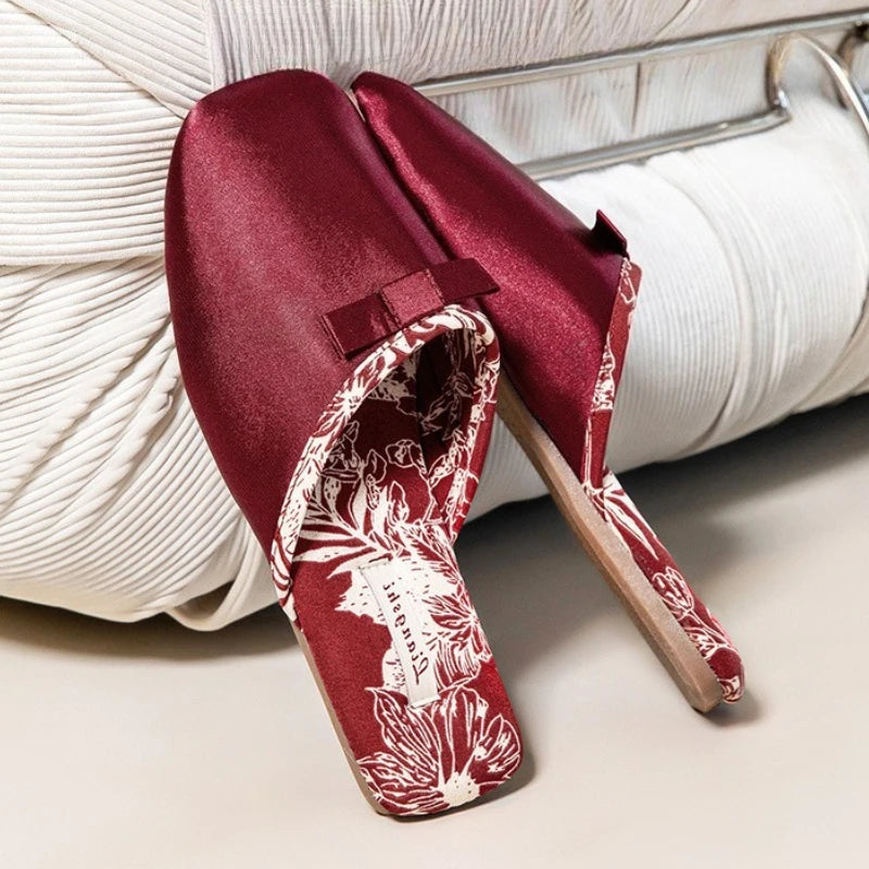 Elegant Silk Print Butterfly Knot Flat Slippers for Women