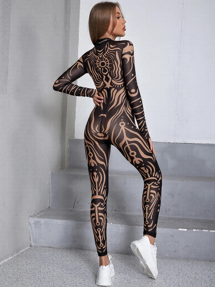 Nibber See Through Jumpsuit Women High Neck Vintage Print Long Sleeve Stretch Skinny Sexy Midnight Fashion Wild Street Outfits