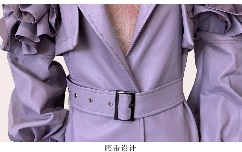 Long Purple Faux Leather Trench Coat With Ruffled Collar For Women