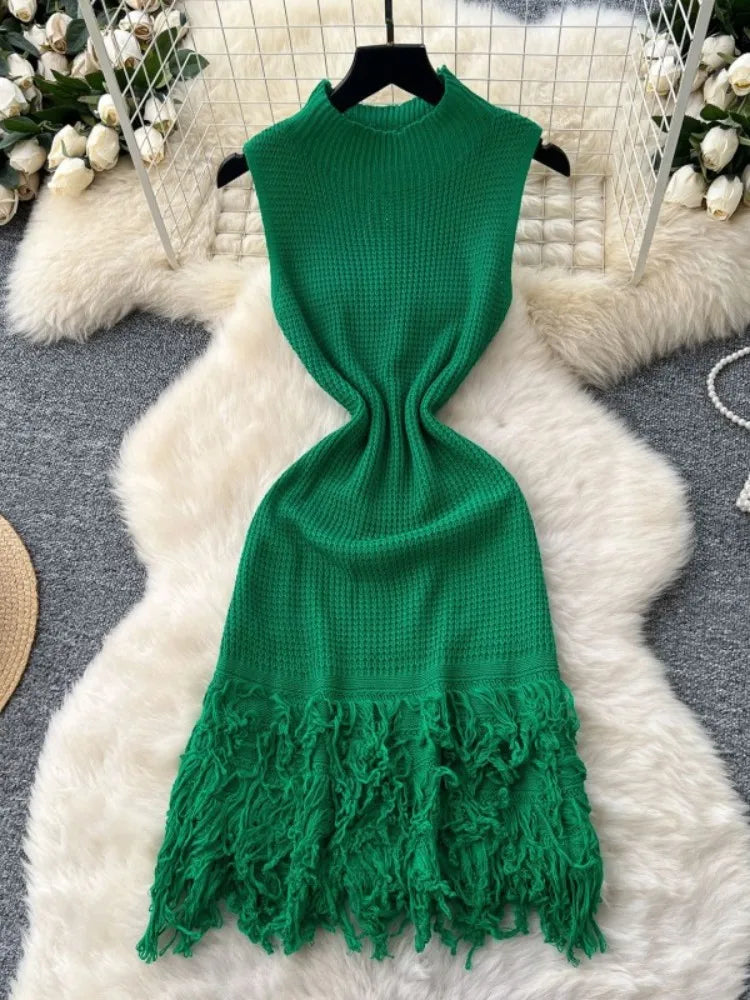 Elegant Round Neck Sleeveless Tassel Hem Bodycon Mini Knitted Dress for Women