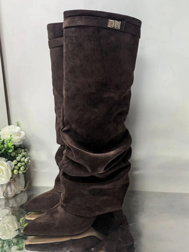 Pointed Toe Thick High Heel Mid Calf Boots for Women