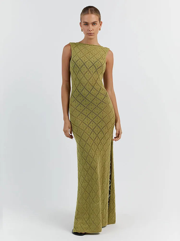 Sexy Cut Out Slit Knit Mesh Swimsuit Cover Up Pareo Tunic 2025 Summer Beach Maxi Dress Bikini Cover-ups Women Beachwear A2318