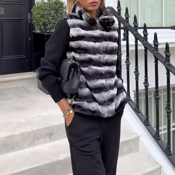 Faux Fur Patchwork Knit Coat With High Collar for Women