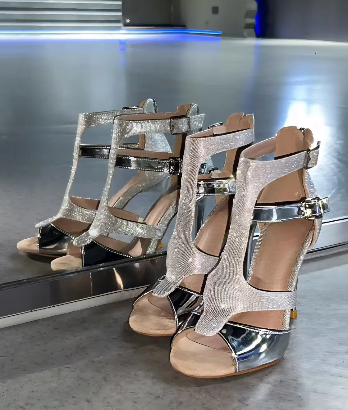 Silver Glitter Strappy Heel Sandals