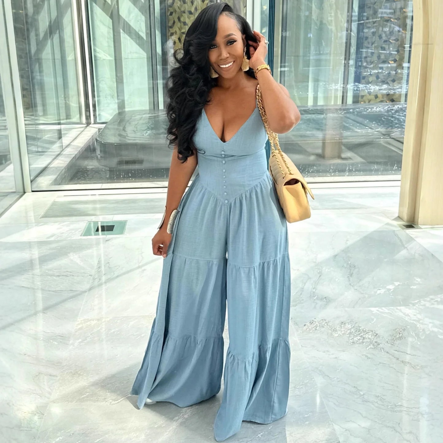 Spaghetti Strap Wide-Leg Jumpsuit with Button Details for Women