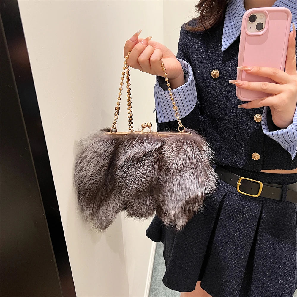 Luxurious Fox Fur Evening Clutch with Chain for Women