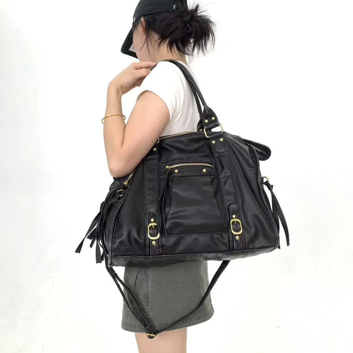 Retro Multi-Pocket Motorcycle Shoulder Bag for Women