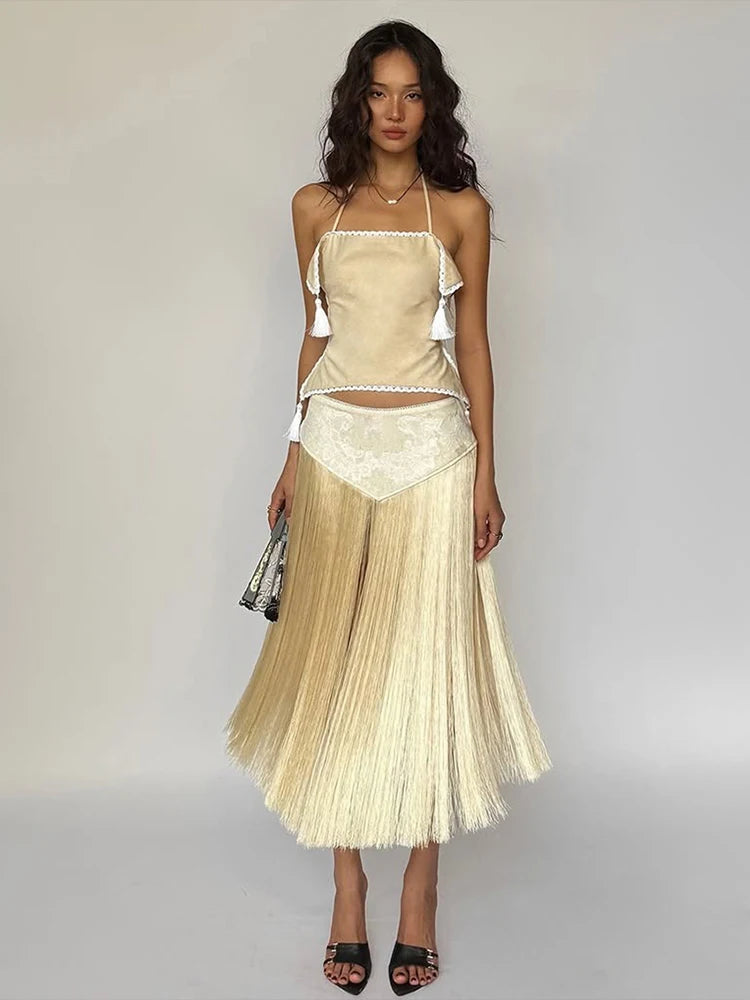 Backless Tassel Halter Patchwork Skirt Two Piece Set for Women