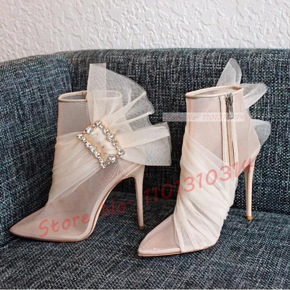 See Through Mesh Crystal Buckle Ankle Booties for Women
