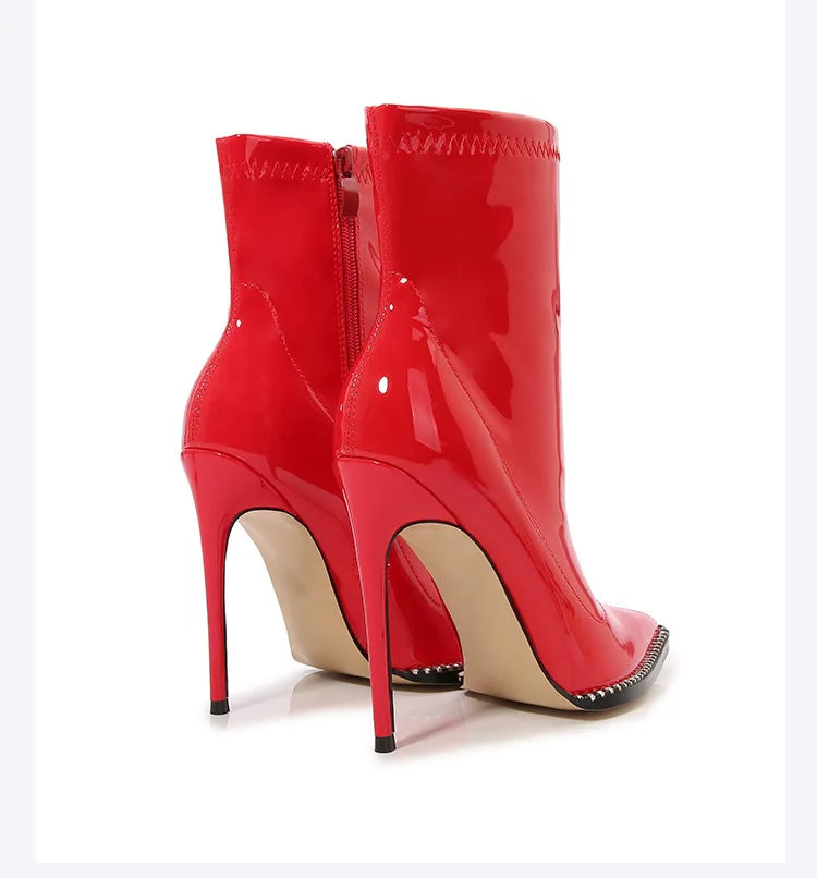 Elegant Rhinestone Bordered Side Zipper High Heel Ankle Boots for Women