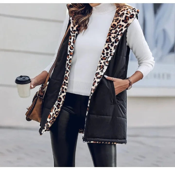 Zip Up Jacket Women VestSleeveless Latest Leopard Pattern Hoodie Pockets Long Warm Winter Coat Streetwear 2025 Autumn Winter