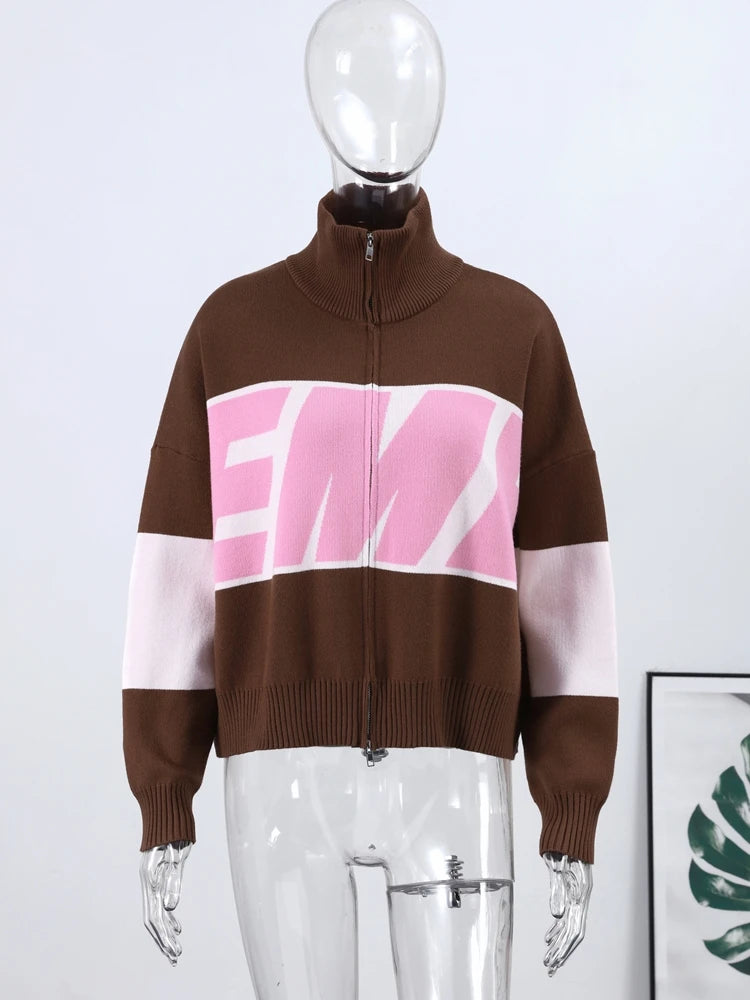 Letter Women 's Sweater Stand Collar Y2k Knit Sweaters For Woman Zipper Full Sleeve Tops Female 2025 Winter Men Jacket Knitwear