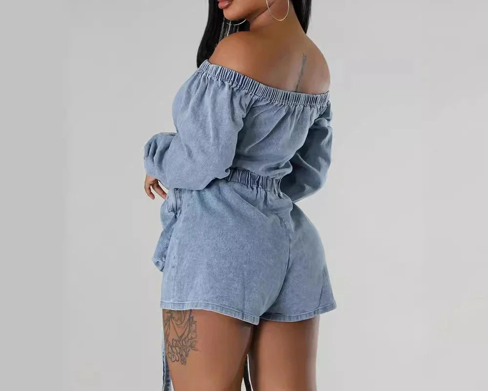 Denim Jumpsuit Womens Clothing Pocket Sexy  Chest Hugging Elastic Waist Long Sleeves Conjoined Body Shorts for Female Streetwear