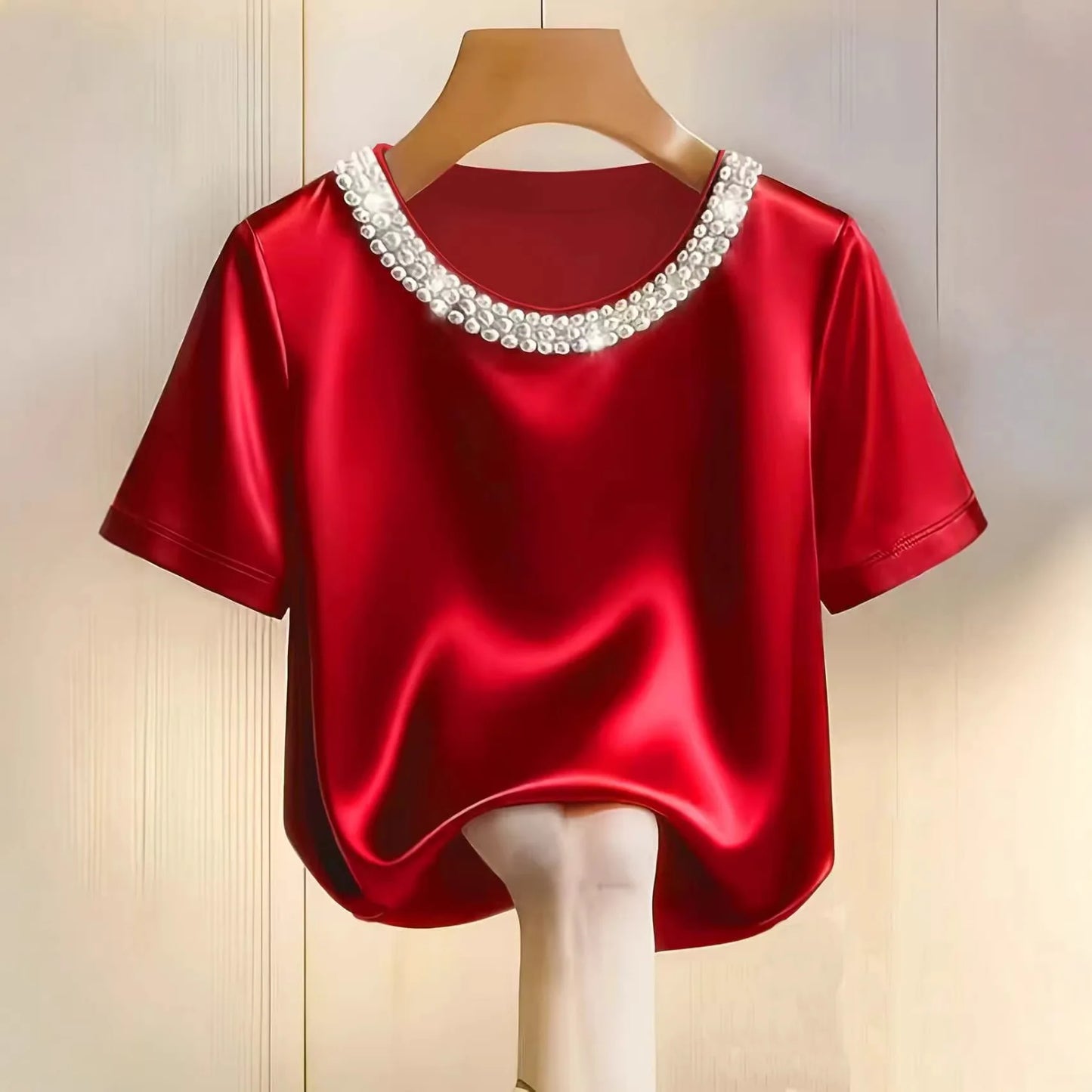 Satin Round Neck Pearl Beaded Decor Short Sleeve Top for Women