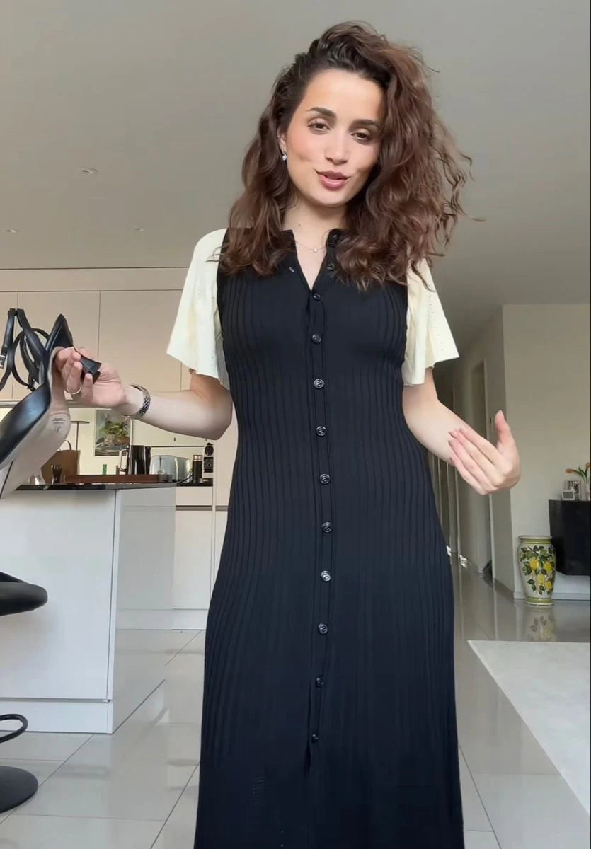 Elegant Pleated Hem Street Fashion O Neck Bell Sleeve Slim Knit Midi Dress 2025 Women Summer Beach Swimsuit Cover Up Tunic A3055